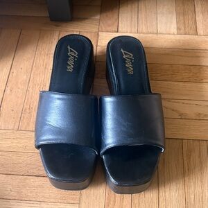 Black Leather Platform Slide Mules